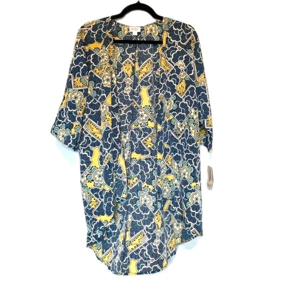 Kimono Cardigan Medium Open Front Floral Bohemian Blue Yellow LuLaRoe Lindsay